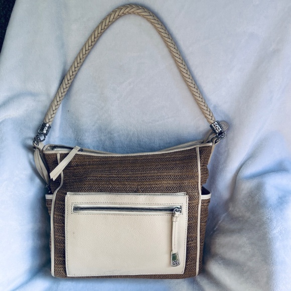 BRIGHTON Cream & Tan Raffia Wicker Genuine Leather Shoulder Bag Tote Purse - Picture 3 of 14
